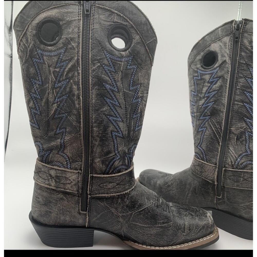 Smoky Mountain Youth Cowboy Boots Black Gray Distress Leather 3.5R Runs Big 4.5 - Picture 3 of 12